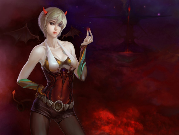 Обои картинки фото фэнтези, демоны, дым, демон, крылья, хвост, взгляд, рога, девушка, ад