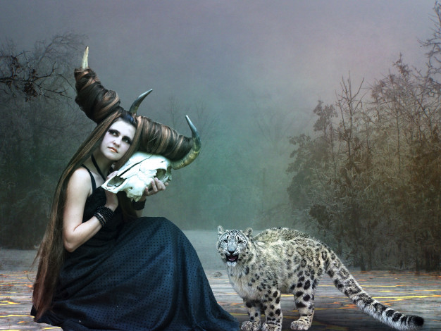 Обои картинки фото фэнтези, фотоарт, девушка, рога