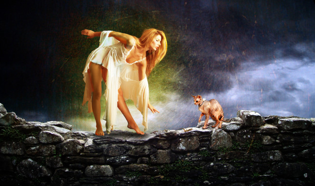 Обои картинки фото фэнтези, фотоарт, кошка, камни, фон, девушка