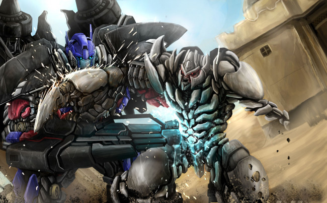 Обои картинки фото трансформеры, фэнтези, роботы,  киборги,  механизмы, мегатрон, сражение, transformers, оптимус, прайм