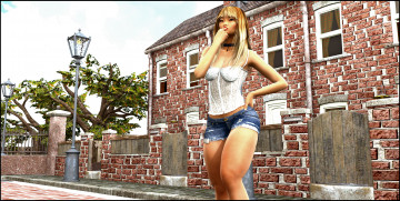 Картинка 3д+графика люди+ people дом фонарь улица фон взгляд девушка