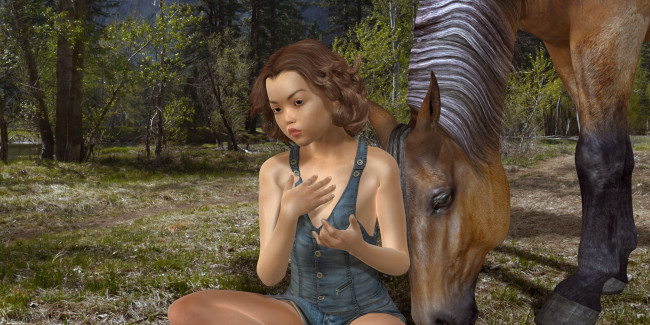 Обои картинки фото 3д графика, люди , people, лошадь, фон, взгляд, девушка