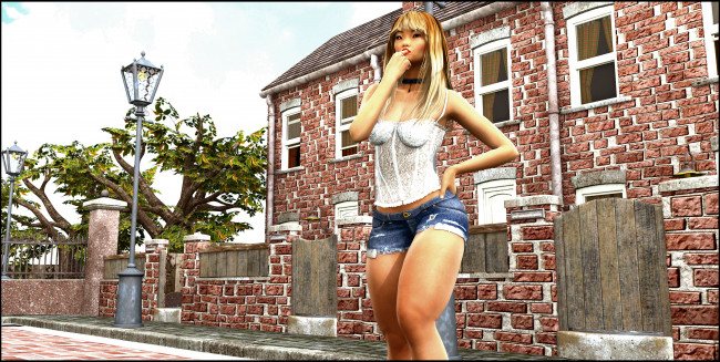 Обои картинки фото 3д графика, люди , people, дом, фонарь, улица, фон, взгляд, девушка