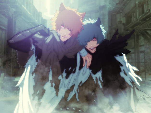 Обои картинки фото аниме, lamento, демонослужители, братья, улица, киру, уру, город, шарф