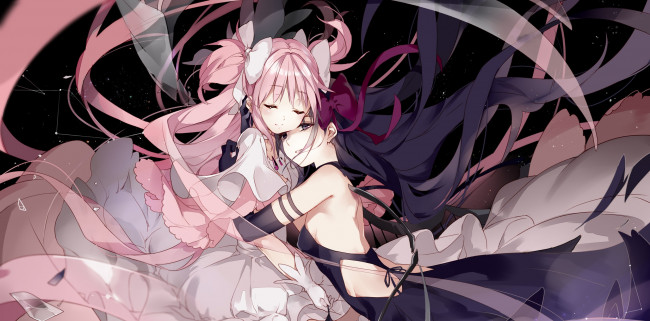 Обои картинки фото mahou shoujo madoka magika, аниме, девушки, взгляд, фон