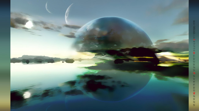 Обои картинки фото календари, компьютерный дизайн, отражение, водоем, планета