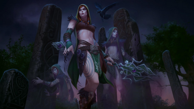 Обои картинки фото видео игры, smite, девушки, фон, взгляд, посох, тату, ворон