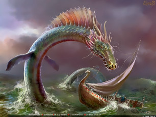 Картинка календари фэнтези лодка парусник водоем существо вода calendar 2020