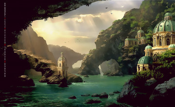 Картинка календари фэнтези водоем гора архитектура здание природа пейзаж calendar 2020