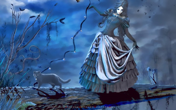 обоя календари, фэнтези, девушка, кошка, дерево, ствол, веревка, колокольчик, calendar, 2020