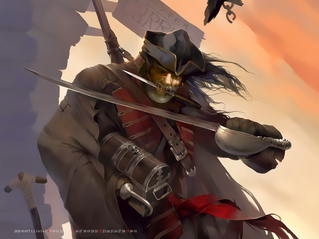 Обои картинки фото календари, фэнтези, пират, сундук, оружие, мужчина, бандит, calendar, 2020