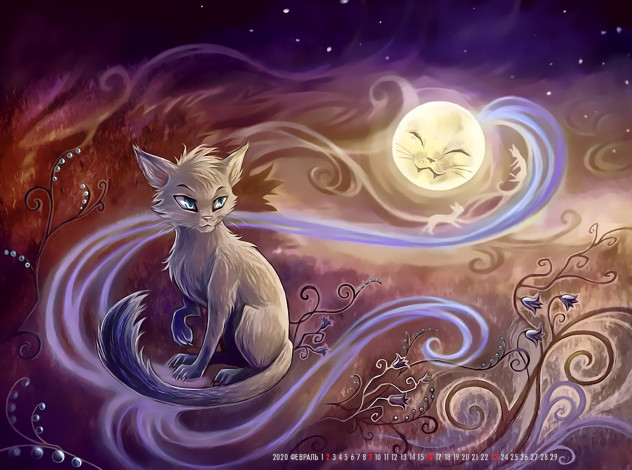 Обои картинки фото календари, рисованные,  векторная графика, животное, кошка, планета, луна, узор, рисунок, calendar, 2020