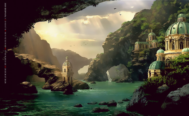 Обои картинки фото календари, фэнтези, водоем, гора, архитектура, здание, природа, пейзаж, calendar, 2020