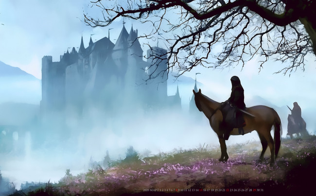 Обои картинки фото календари, фэнтези, дерево, всадник, конь, замок, лошадь, calendar, 2020