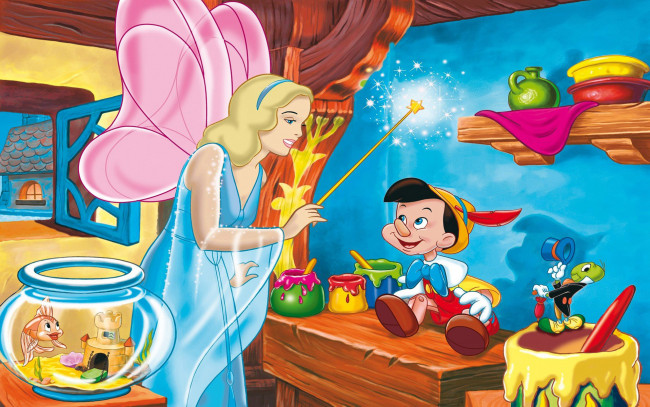 Обои картинки фото мультфильмы, pinocchio, пиноккио, фея, сверчок, рыбка