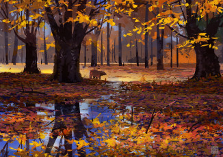 обоя рисованное, животные,  медведи, лес, осень, медведь, лужа