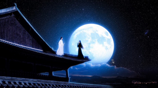 Обои картинки фото разное, компьютерный дизайн, вэй, усянь, лань, ванцзы, флейта, крыша, луна