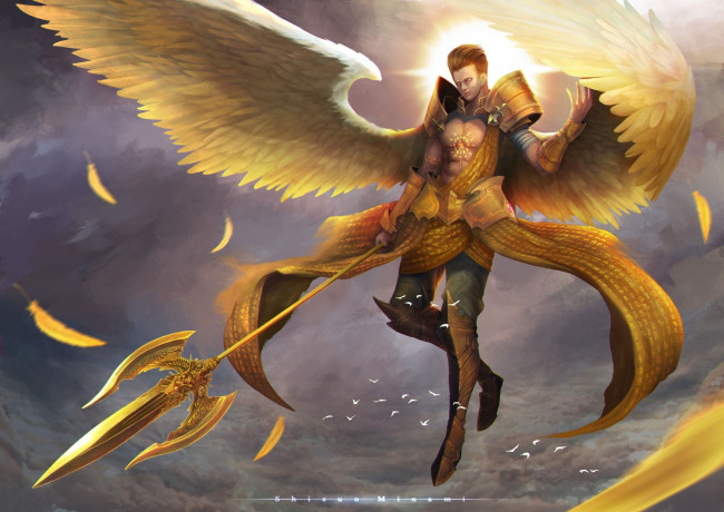 Обои картинки фото фэнтези, ангелы, ангел, копье, перья