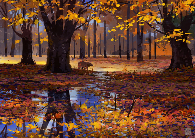 Обои картинки фото рисованное, животные,  медведи, лес, осень, медведь, лужа