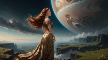Картинка фэнтези девушки нейросети графика нейроарт ai art нейронные сети рисунки нейро искусство нейрографика graphics neuroart neural networks drawings neuro neurography девушка в платье стоит на фоне фантастического пейзажа с огромной планетой