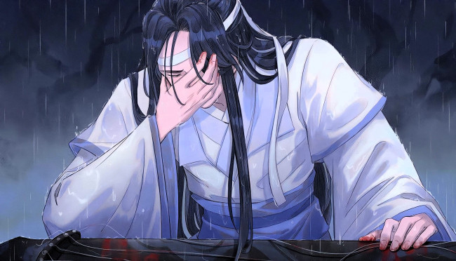 Обои картинки фото аниме, mo dao zu shi, лань, ванцзи, слезы, кровь, гуцинь, струны