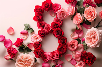 обоя праздничные, международный женский день - 8 марта, цифра, розы, лепестки
