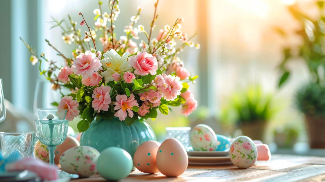 Обои картинки фото 3д графика, праздники , holidays, букет, яйца, пасха