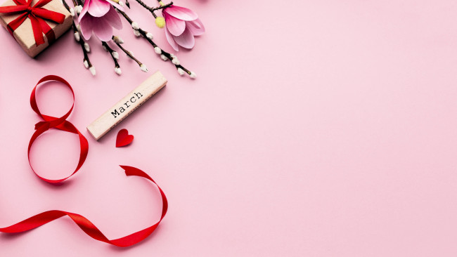 Обои картинки фото праздничные, международный женский день - 8 марта, лента, цифра, подарок, ветки, цветы
