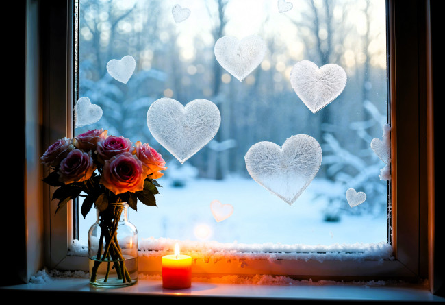 Обои картинки фото разное, компьютерный дизайн, окно, снег, сердечки, розы, свеча