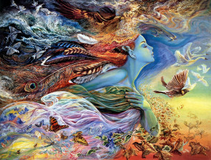 Картинка spirit of flight фэнтези josephine wall girl butterflies fantasy art feathers painting birds goose