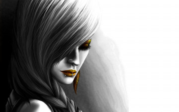 Картинка рисованные люди черно-белое коса пирсинг девушка перо