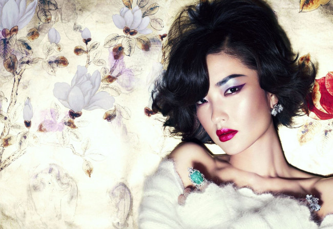 Обои картинки фото Du Juan, девушки, , , цветы, макияж