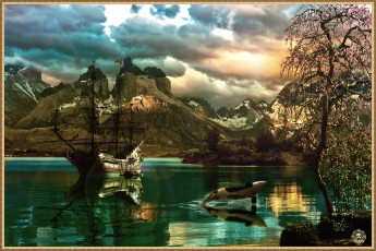 Картинка фэнтези пейзажи бухта парусник