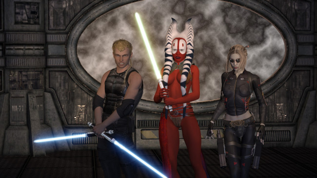 Обои картинки фото 3д графика, fantasy , фантазия, существо, оружие, мужчина, взгляд, девушка