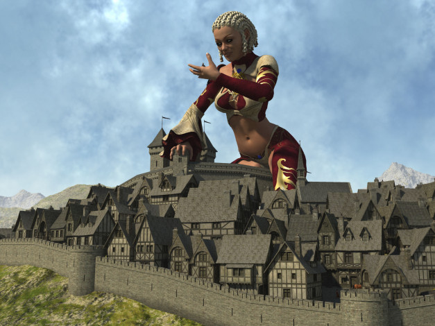 Обои картинки фото 3д графика, фантазия , fantasy, дома, фон, взгляд, девушка