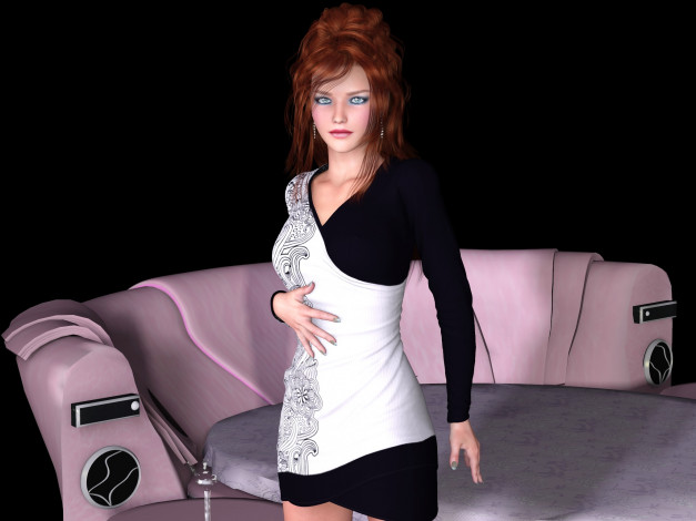 Обои картинки фото 3д графика, люди , people, диван, взгляд, девушка, рыжая, фон