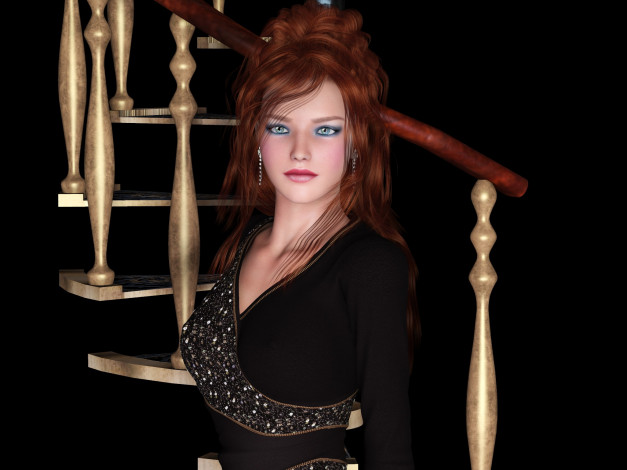 Обои картинки фото 3д графика, люди , people, фон, взгляд, девушка, рыжая, лестница