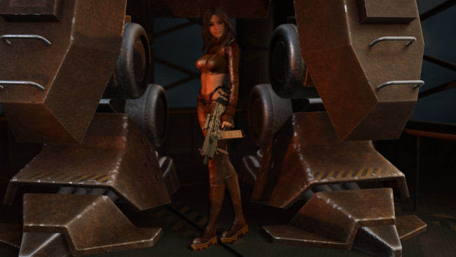 Обои картинки фото 3д графика, фантазия , fantasy, девушка, оружие, фон, взгляд