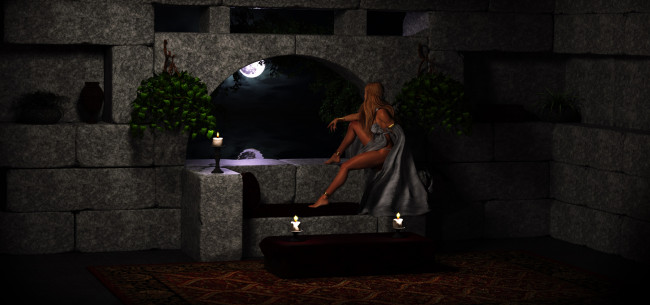 Обои картинки фото 3д графика, люди , people, луна, ночь, фон, девушка, взгляд