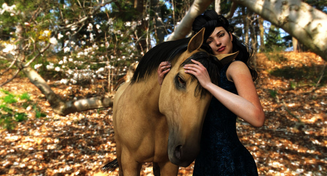 Обои картинки фото 3д графика, люди и животные , people and animals, девушка, взгляд, фон, лошадь
