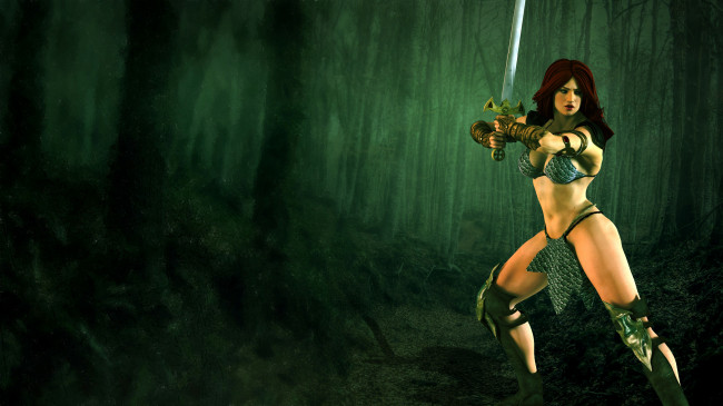 Обои картинки фото 3д графика, фантазия , fantasy, оружие, фон, взгляд, девушка