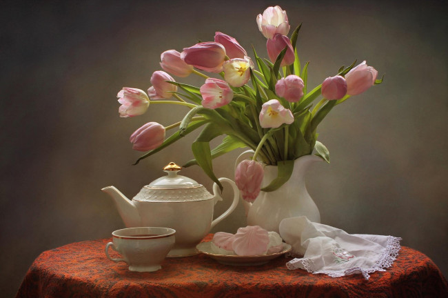 Обои картинки фото еда, натюрморт, зефир, чай, тюльпаны, букет