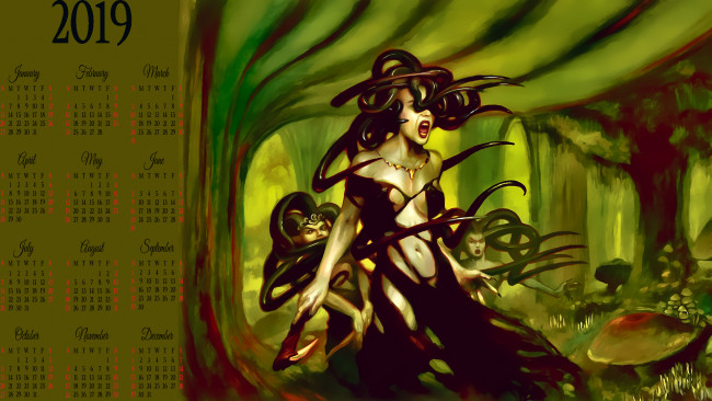 Обои картинки фото календари, фэнтези, дерево, змея, существо, лес