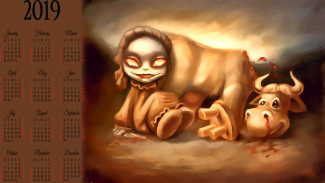 Обои картинки фото календари, фэнтези, кровь, табурет, нож, корова