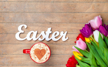 Картинка праздничные пасха цветы доски colorful тюльпаны happy wood flowers tulips coffee cup easter чашка кофе