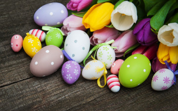 Картинка праздничные пасха цветы яйца colorful тюльпаны happy wood pink flowers tulips easter purple eggs decoration