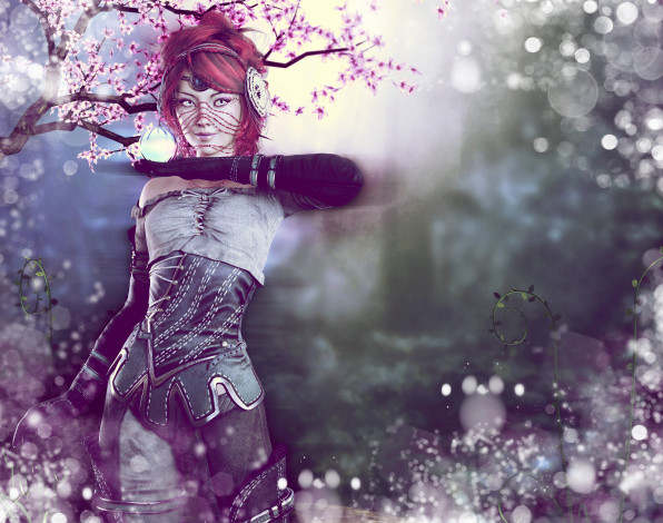 Обои картинки фото 3д графика, фантазия , fantasy, девушка, фон, взгляд, униформа