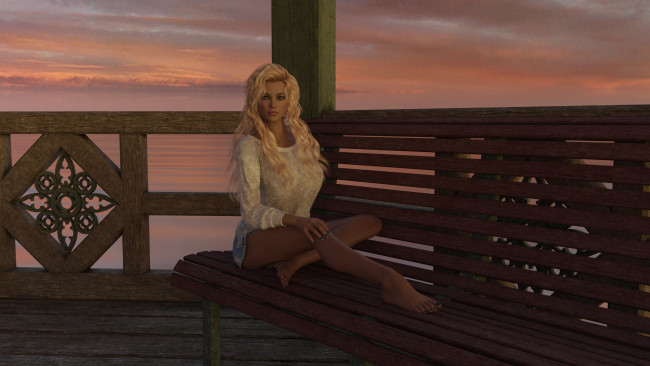 Обои картинки фото 3д графика, люди , people, девушка, фон, взгляд, беседка