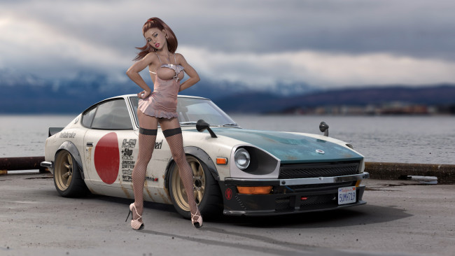 Обои картинки фото 3д графика, люди-авто, мото , people- car ,  moto, девушка, фон, взгляд, авомобиль, платье, чулки