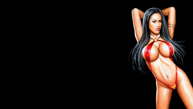 Обои картинки фото рисованное, комиксы, девушка, фон, взгляд, купальник